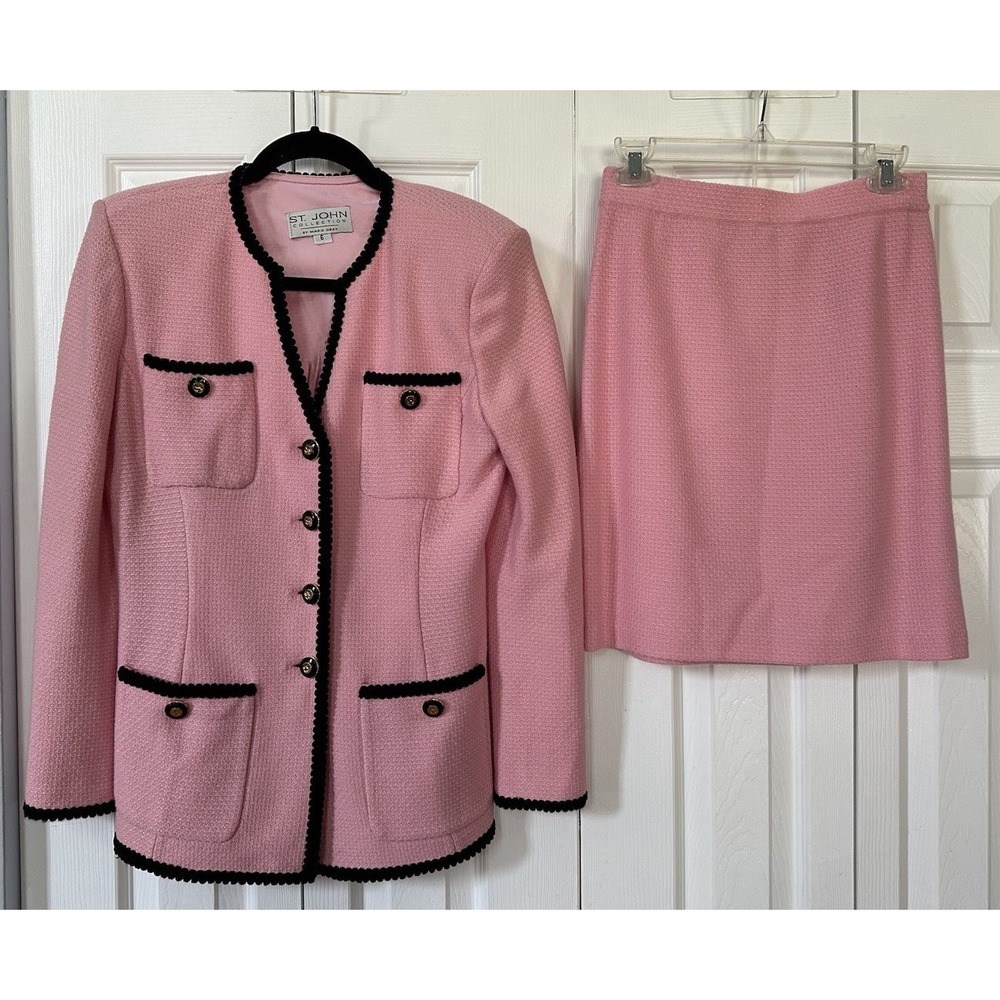 St. John TEXTURED KNIT 2pc SUIT JACKET+SKIRT Sz 6 PALE PINK CHIC - Picture 2 of 16
